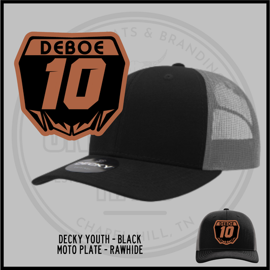 Youth snapback cap with black front and charcoal mesh back, flat brim, DeBoe 10 patch