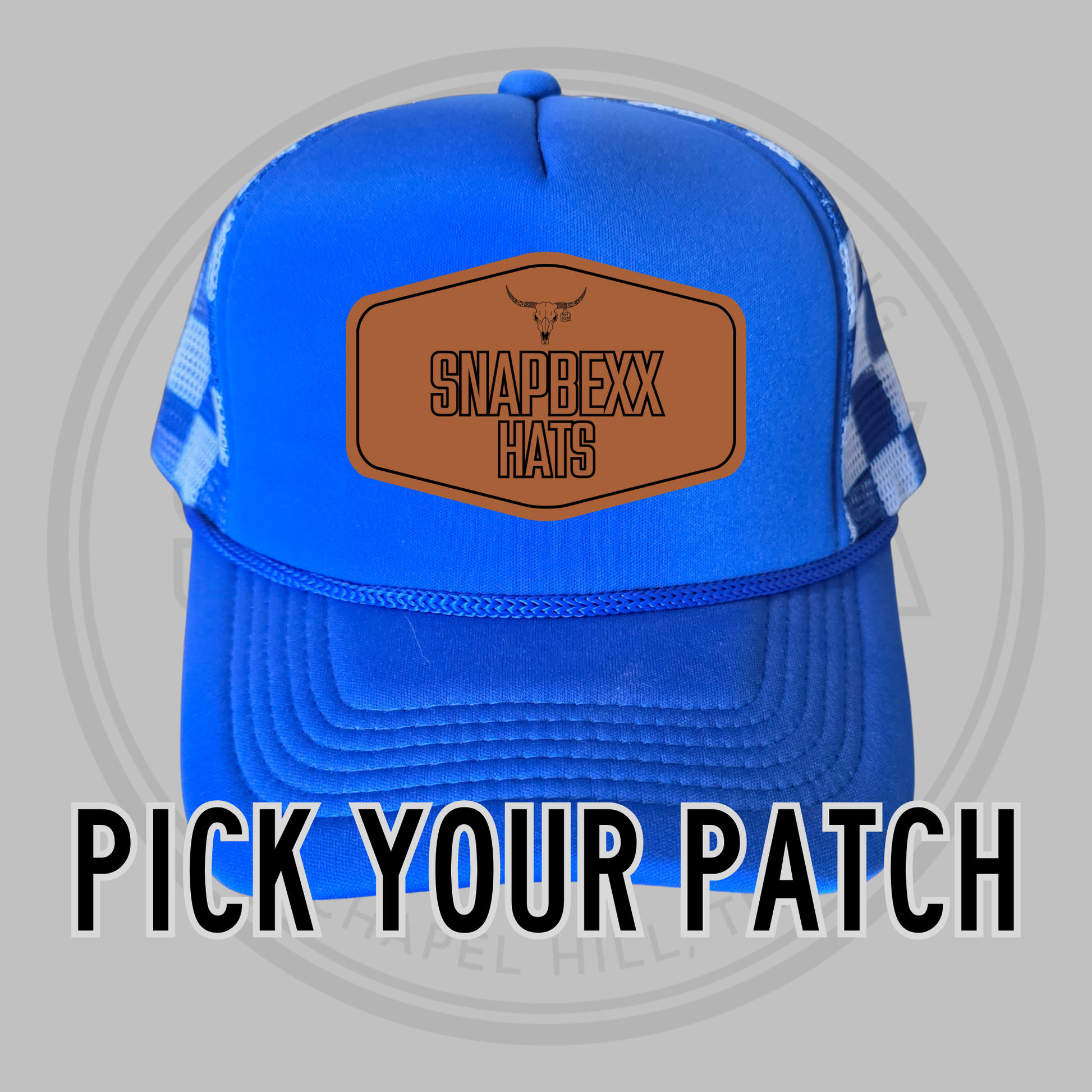 Foam trucker cap in blue with black-and-white checkered mesh sides and front panel