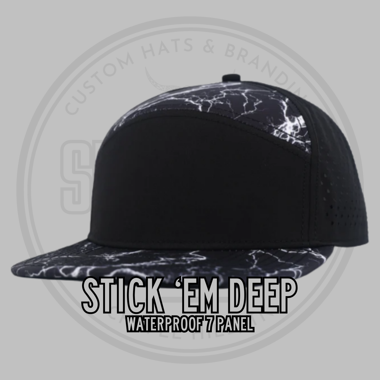 Waterproof 7-panel performance hat, black front with black-and-white patterned brim