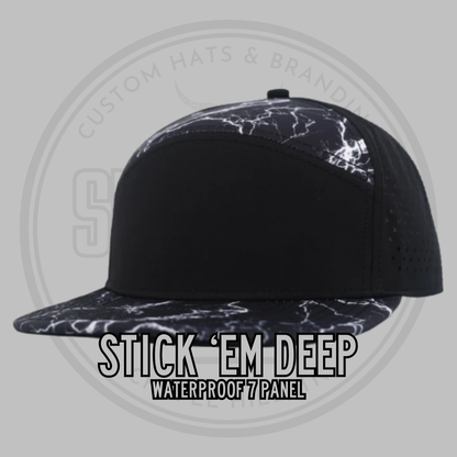 Waterproof 7-panel performance hat, black front with black-and-white patterned brim