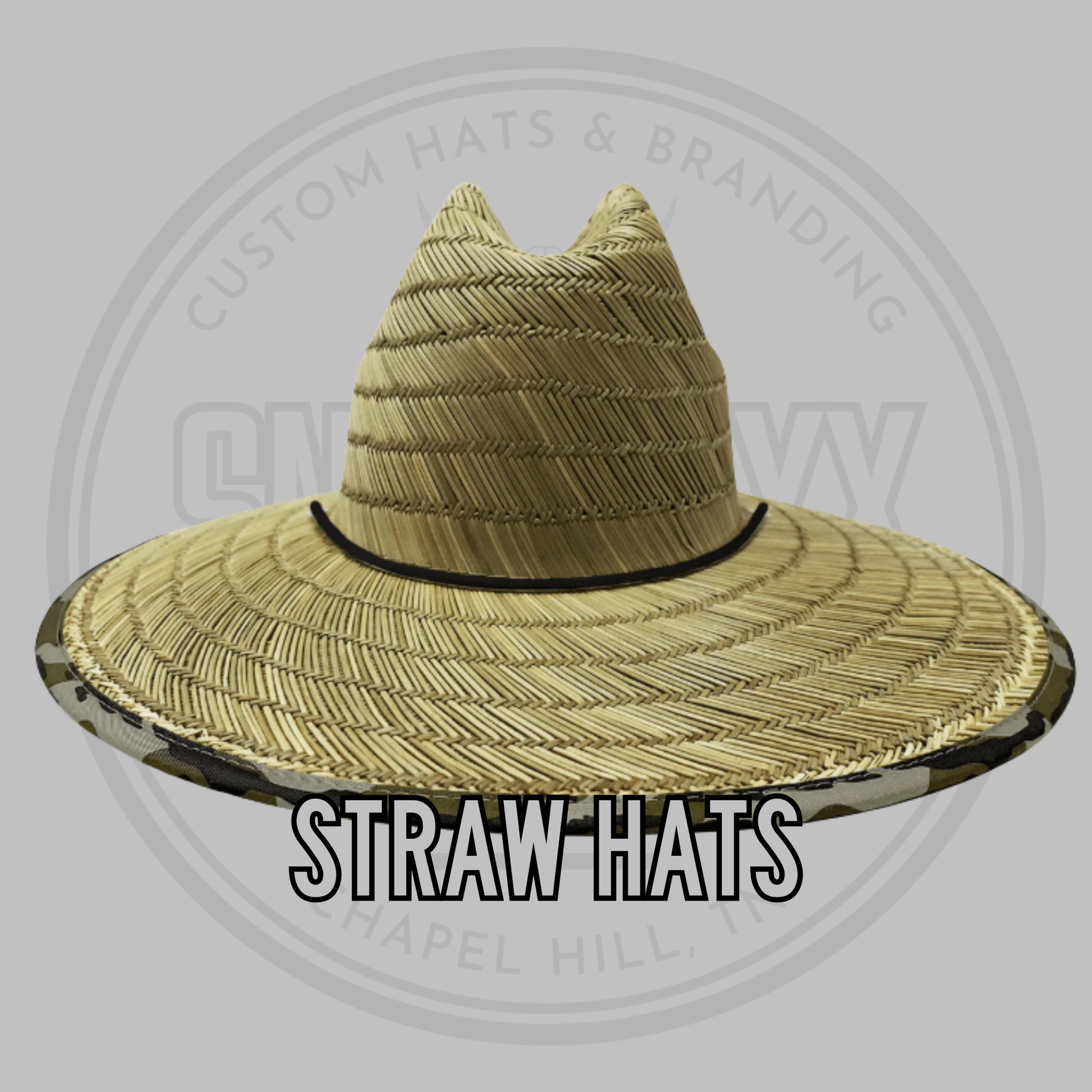 Wide brim straw hat with black band, stitched crown texture