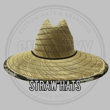 Wide brim straw hat with black band, stitched crown texture