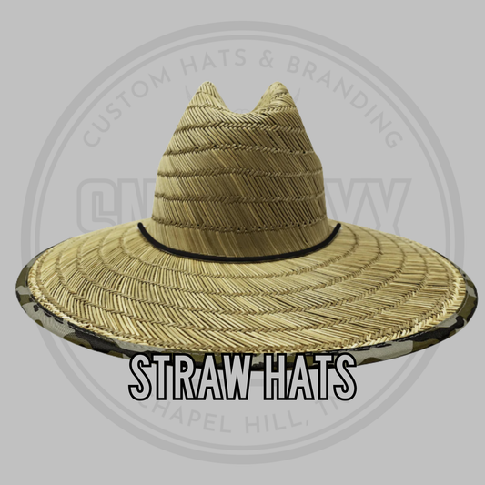 Wide brim straw hat with black band, stitched crown texture