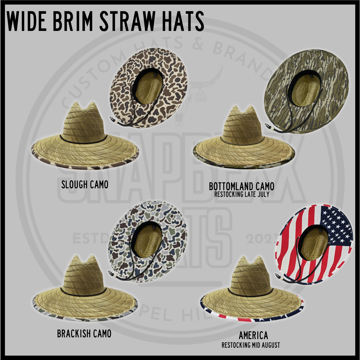 Assorted wide brim straw hats in camo and America flag designs, each with chin strap