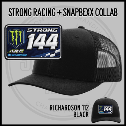 Cameron Strong collab black mesh-back baseball cap with STRONG 144 front patch