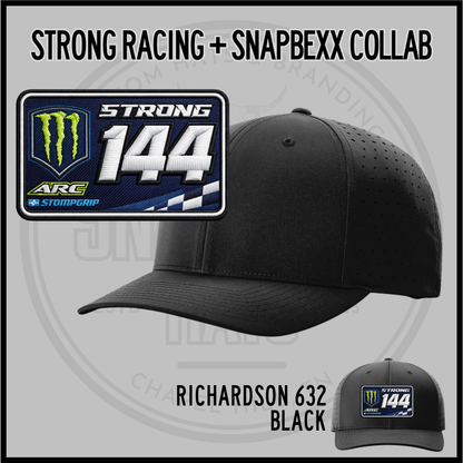 Cameron Strong collab black perforated baseball cap with STRONG 144 front patch
