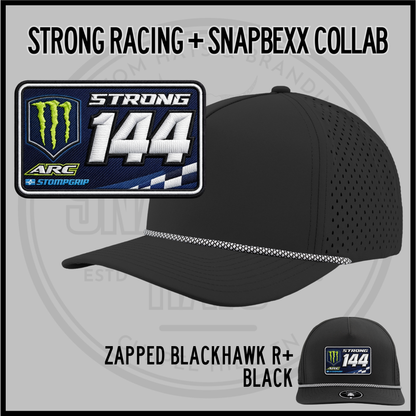 Cameron Strong collab black mesh-back baseball cap with white braided stripe and STRONG 144 patch