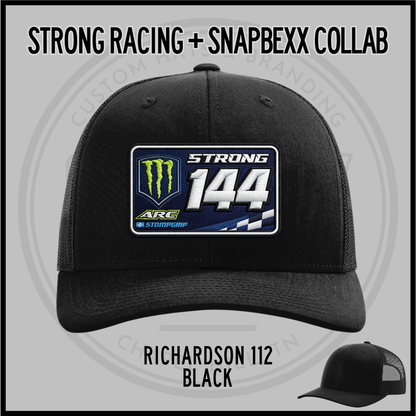 Cameron Strong collab black baseball cap with front STRONG 144 patch and mesh back
