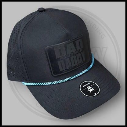 Blackhawk R+ black cap, angled view with blue braided trim and circular front logo