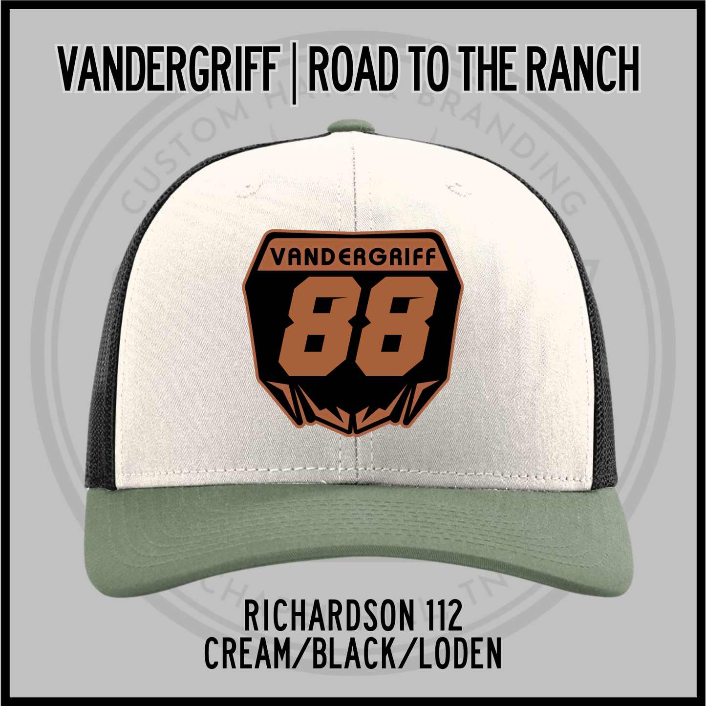 Cream and loden baseball cap with embroidered "Vandergriff 68" patch and dark underbrim