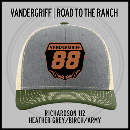 Heather grey and birch baseball cap with embroidered "Vandergriff 68" patch and army green brim