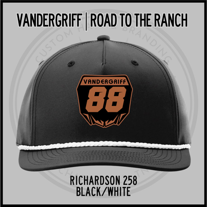 Black baseball cap with embroidered "Vandergriff 68" patch and white rope trim underbrim