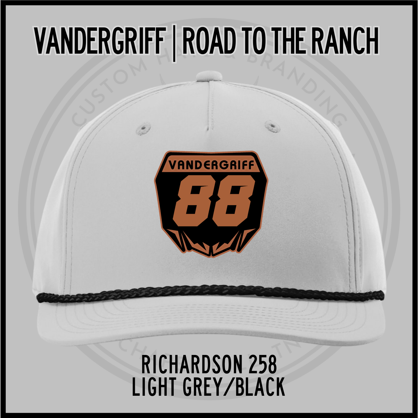Light grey baseball cap with embroidered "Vandergriff 68" patch and black rope trim underbrim