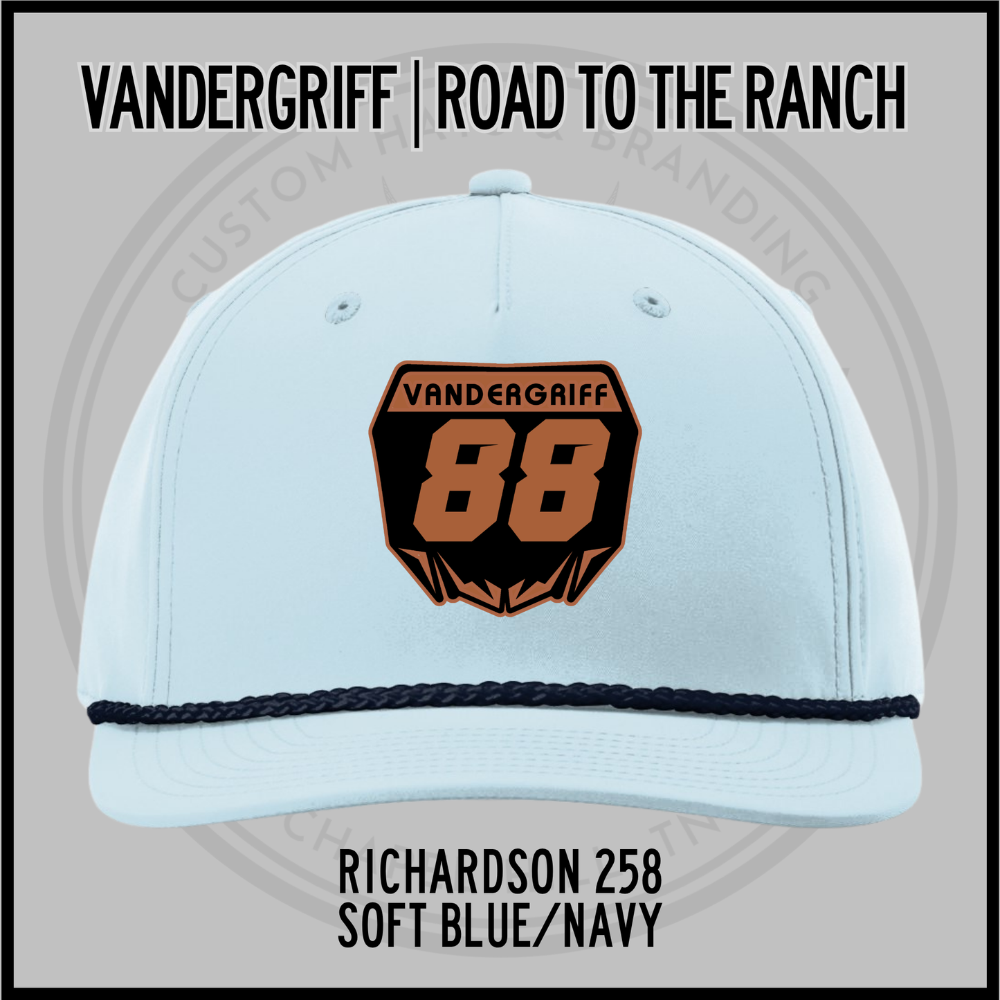 Soft blue baseball cap with embroidered "Vandergriff 68" patch and navy rope trim underbrim