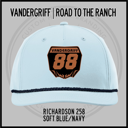 Soft blue baseball cap with embroidered "Vandergriff 68" patch and navy rope trim underbrim