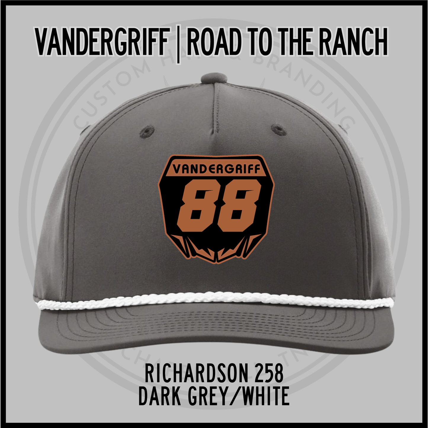 Dark grey baseball cap with embroidered "Vandergriff 68" patch and white rope trim underbrim