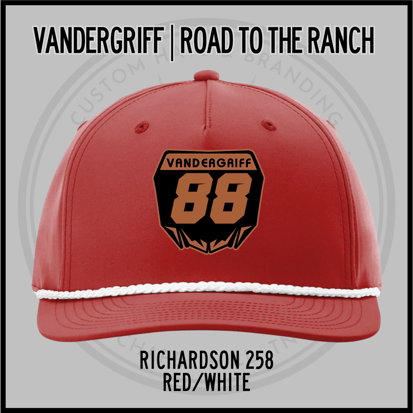Red baseball cap with embroidered "Vandergriff 68" patch and white rope trim underbrim