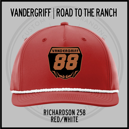 Red baseball cap with embroidered "Vandergriff 68" patch and white rope trim underbrim