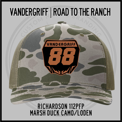 Marsh Duck camo trucker cap with mesh back, orange 88 emblem; Loden
