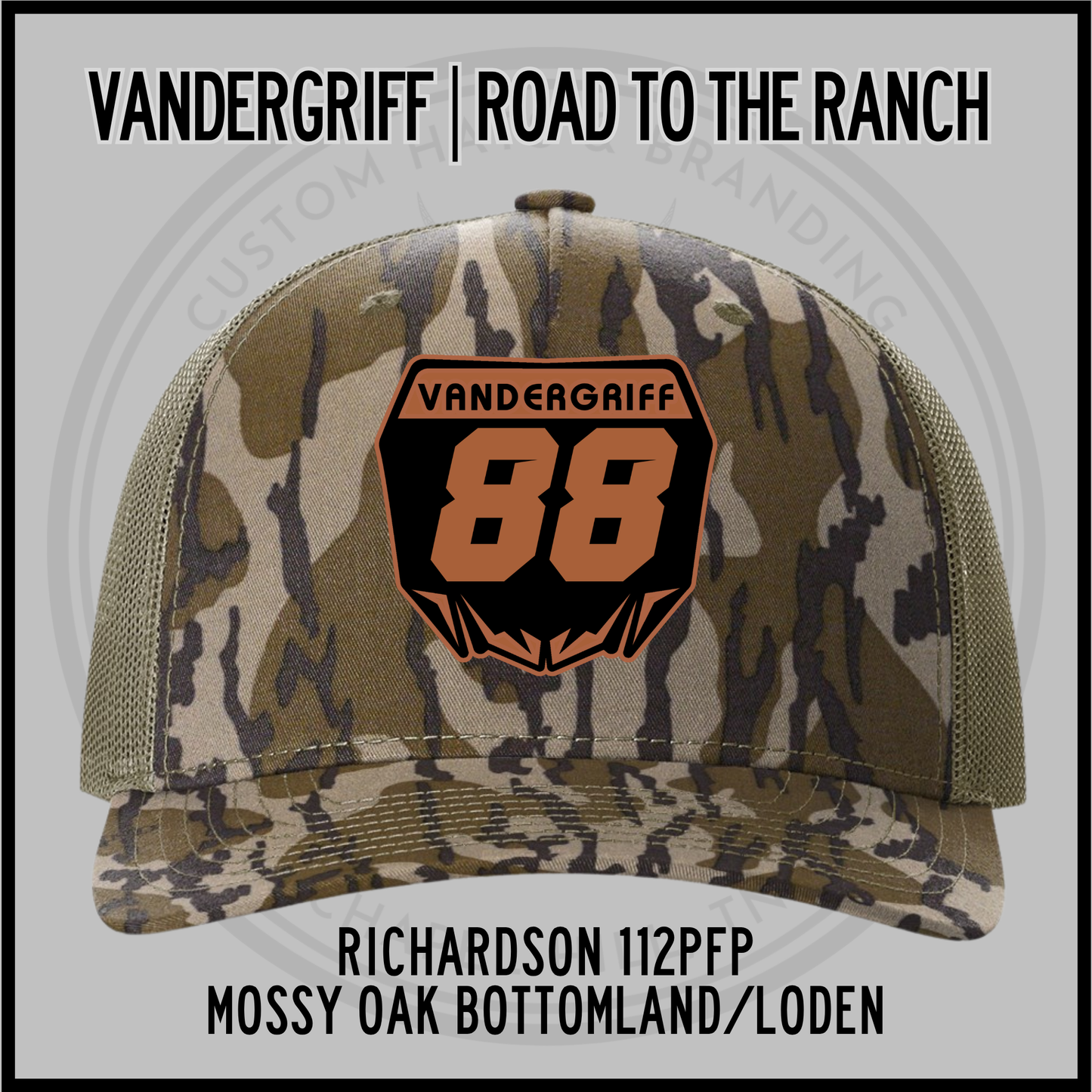 Mossy Oak Bottomland camo trucker cap with mesh back, orange 88 emblem; Loden