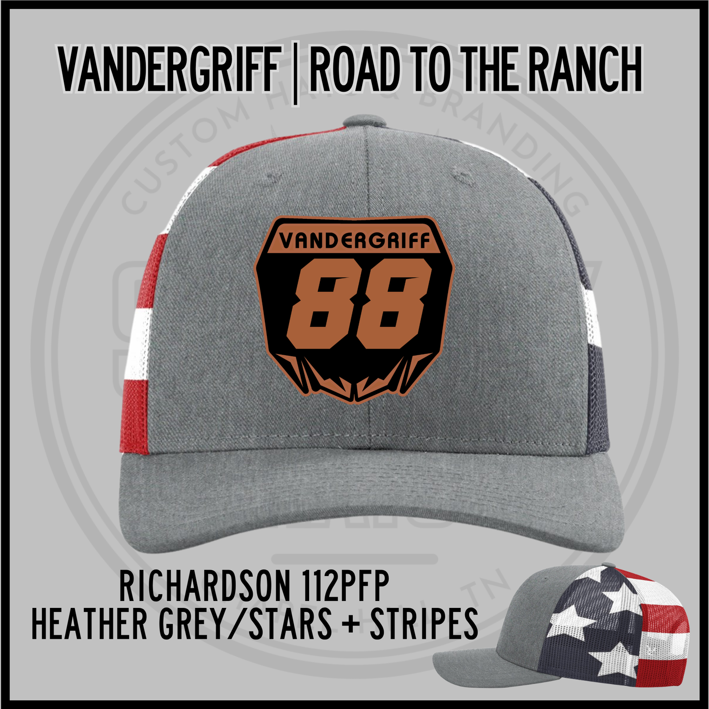 Heather grey trucker cap with mesh back, orange 88 emblem; stars & stripes side panels