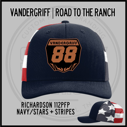 Navy trucker cap with mesh back, orange 88 emblem; red/white stars & stripes side panels