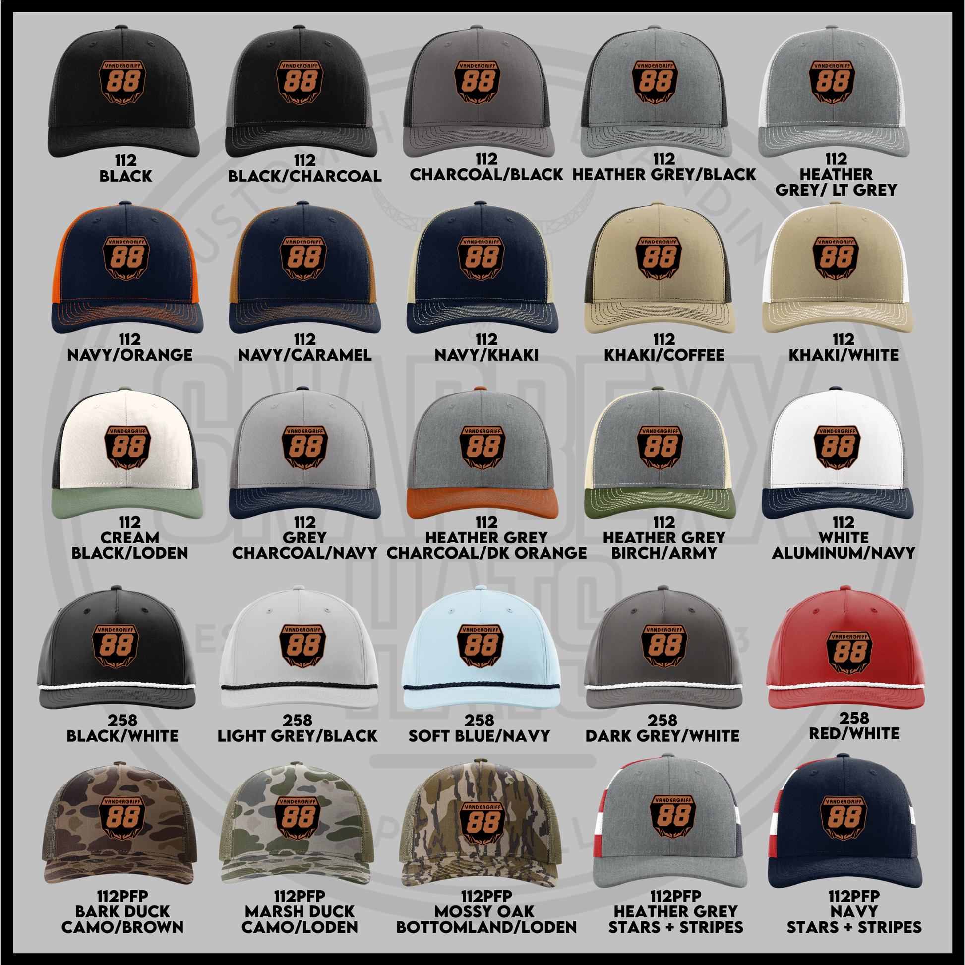 Assorted Richardson 112/258 trucker cap color options shown, each with orange 88 logo