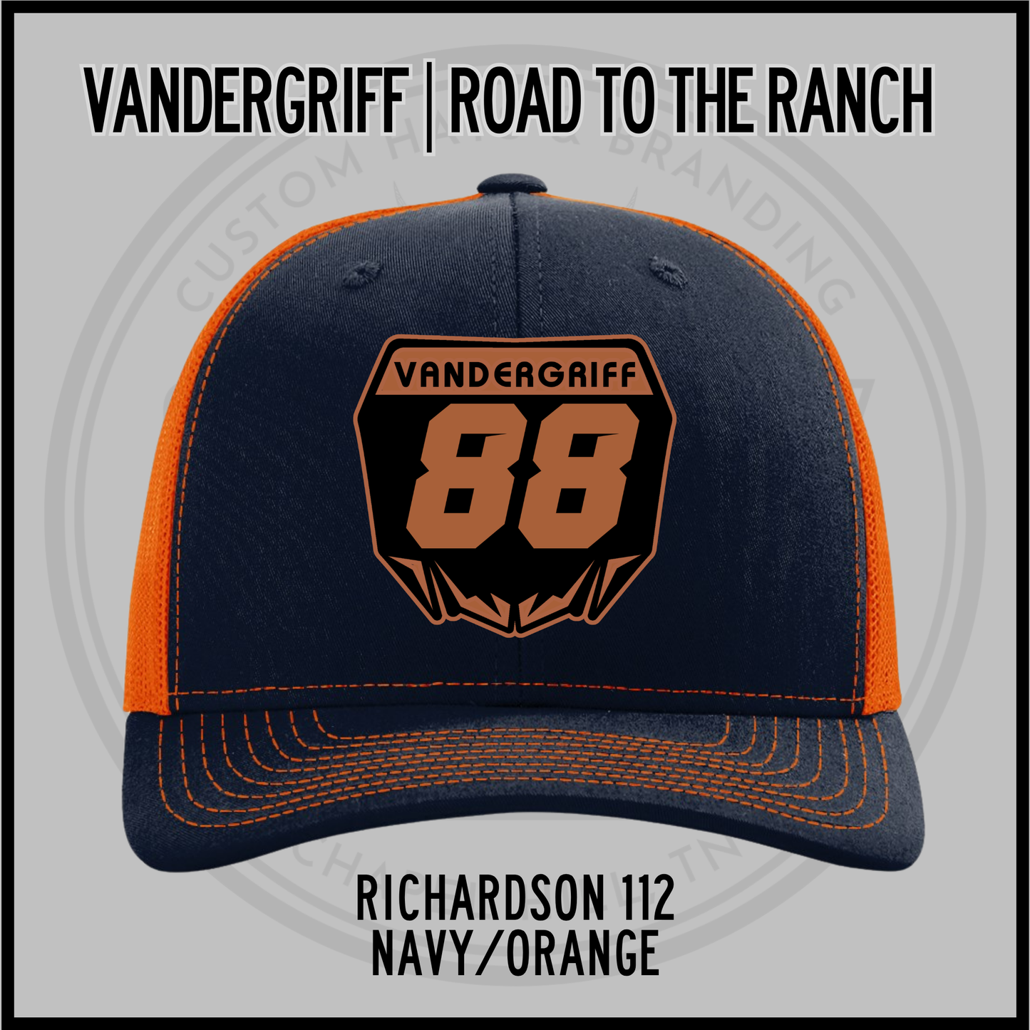 Vandergriff Richardson 112 snapback cap, navy/orange with embroidered 88 front patch