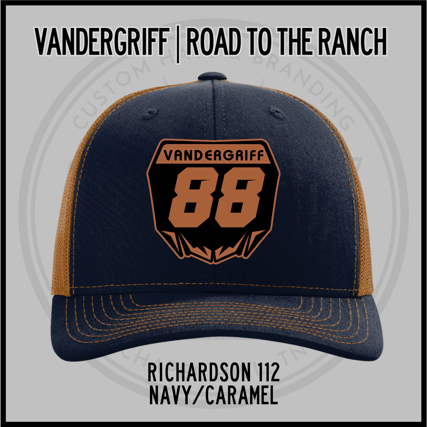 Vandergriff Richardson 112 snapback cap, navy/caramel with embroidered 88 front patch