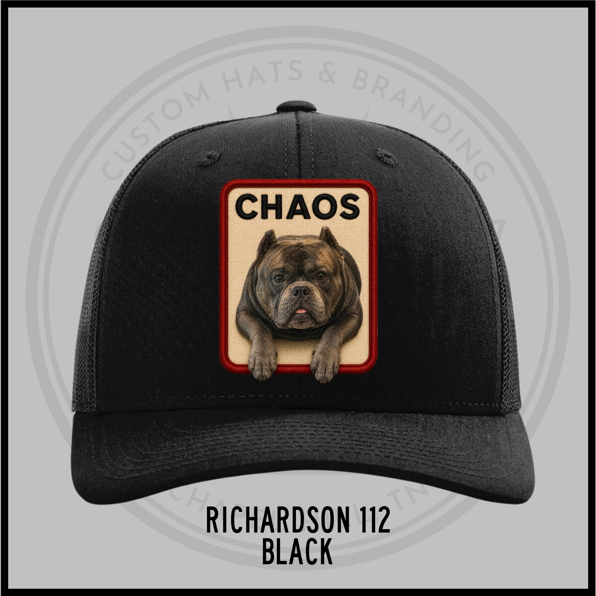 Custom embroidered puppy baseball cap, black with dark brim, Chaos patch