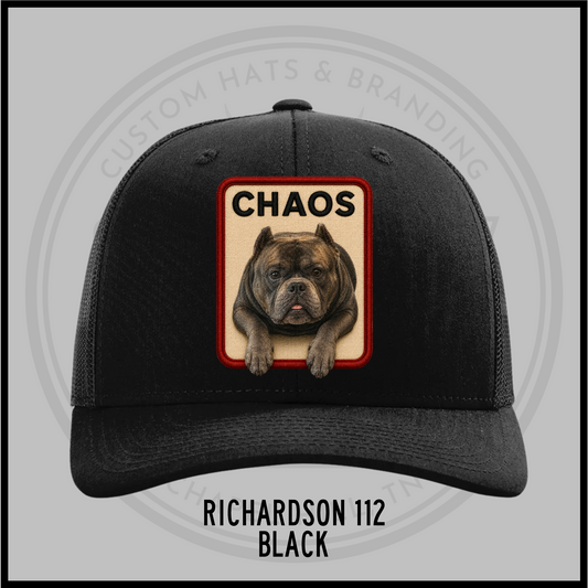 Custom embroidered puppy baseball cap, black with dark brim, Chaos patch