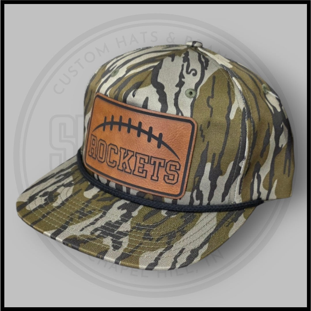 Camouflage football cap with front Rockets logo patch and curved brim